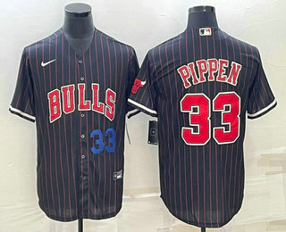 Mens Chicago Bulls #33 Scottie Pippen Number Black With Patch Cool Base Stitched Baseball Jersey